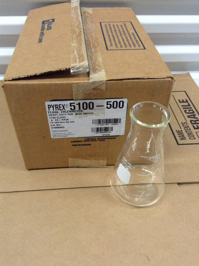 6 Corning Pyrex 500ml Erlenmeyer Flask NOS: Heavy Duty Rim, Wide Mouth 5100-500