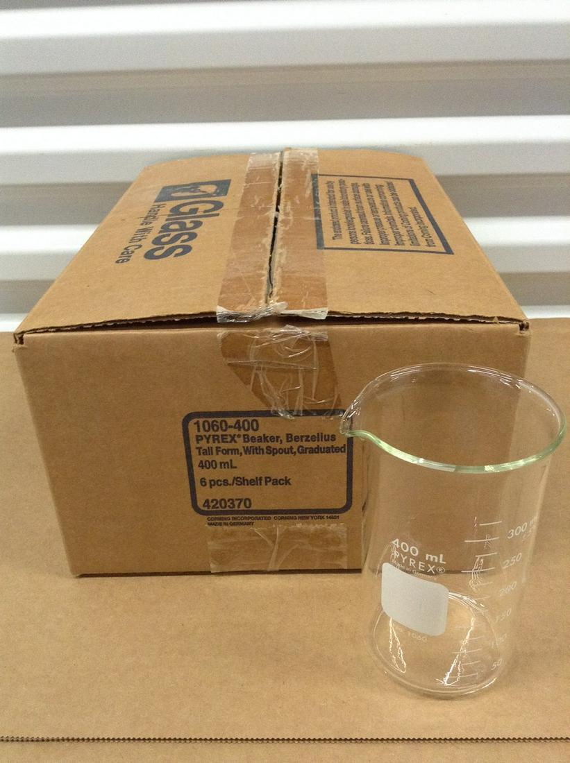 6 Corning Pyrex 400ml Berzelius Beaker NOS: Tall Form, With Spout, Graduated 1060-400