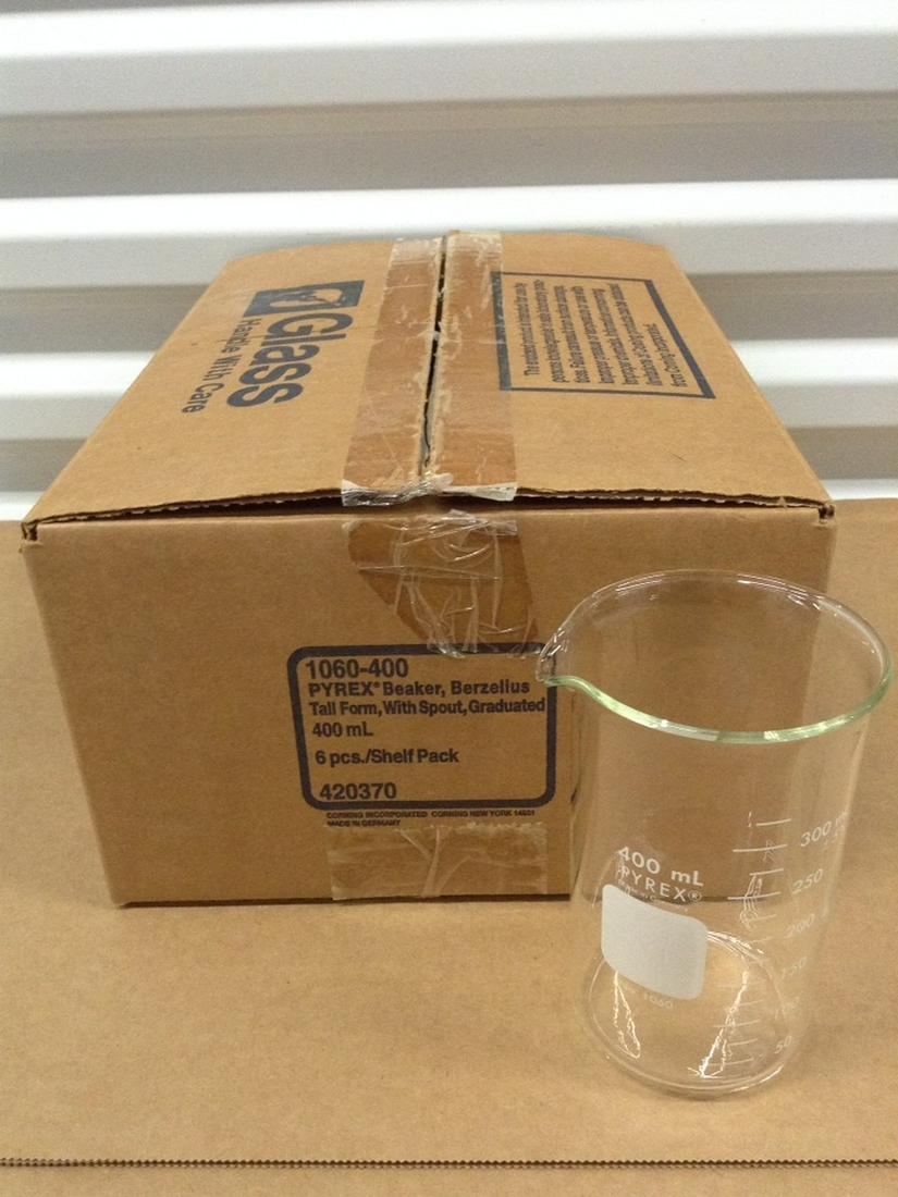 6 Corning Pyrex 400ml Berzelius Beaker NOS: Tall Form, With Spout, Graduated 1060-400