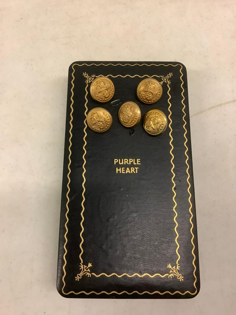 Lot of Military Buttons and Purple Heart Box: Lot of Military Buttons and Purple Heart Box