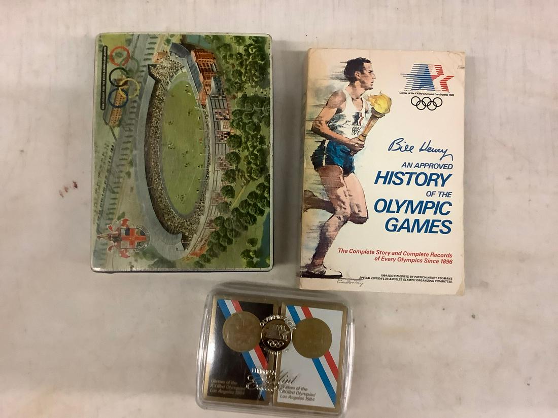 Olympic Games lot book, vintage tin and 1984 card deck: Olympic Games lot book, vintage tin and 1984 card deck