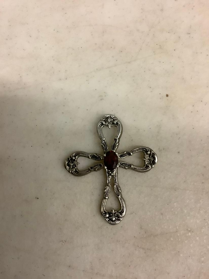 Signed Gorham Sterling Cross with garnet stone: Signed Gorham Sterling Cross with garnet stone