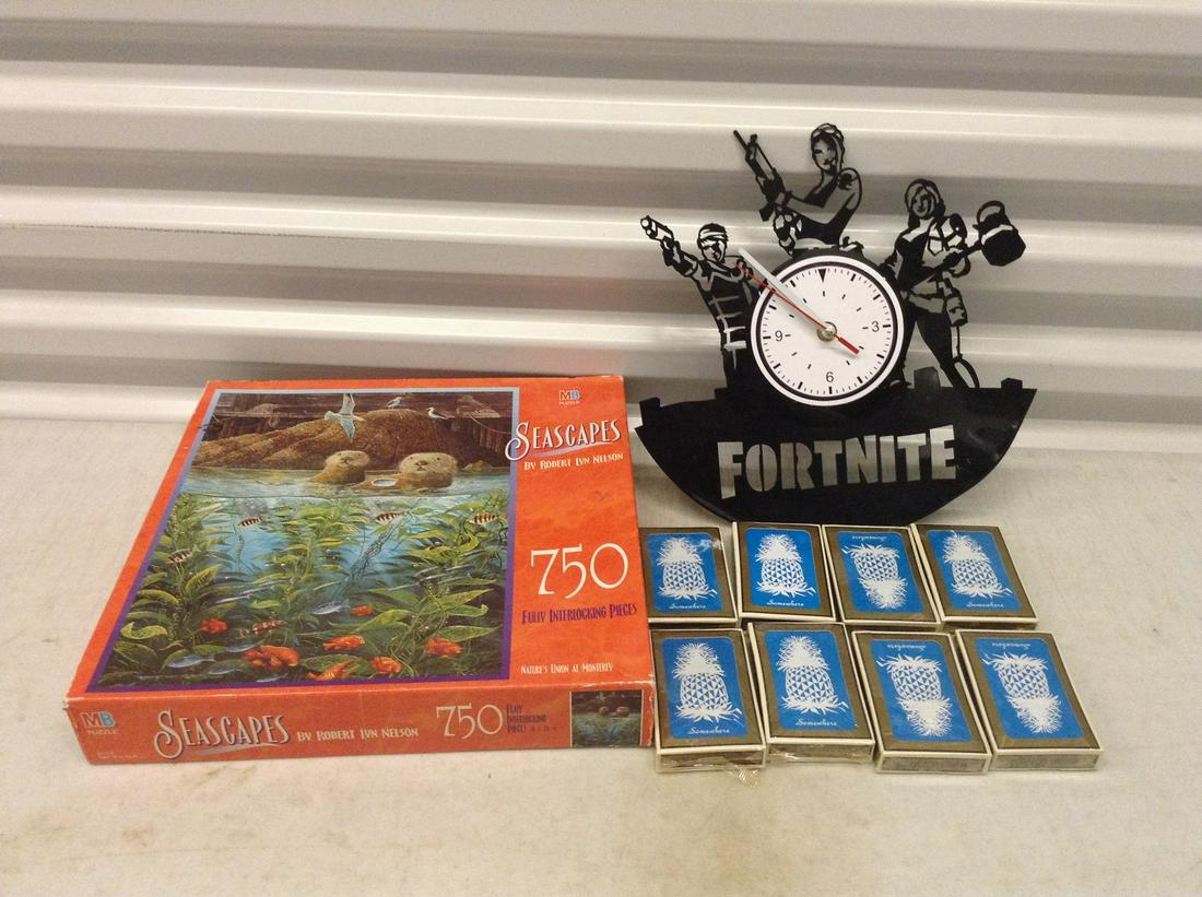 Fortnite Clock, Seascapes Puzzle, and playing cards: Fortnite Clock, Seascapes Puzzle, and playing cards