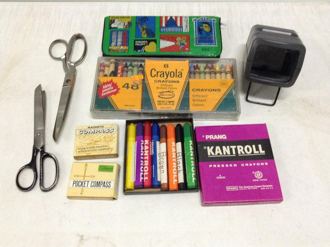 Lot of Vintage Crayons, scissors, Pocket Compasses and: Lot of Vintage Crayons, scissors, Pocket Compasses and more