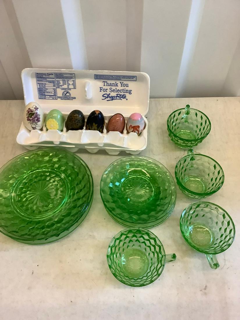 Green depression glass set decorative ceramic eggs (1 of 1)