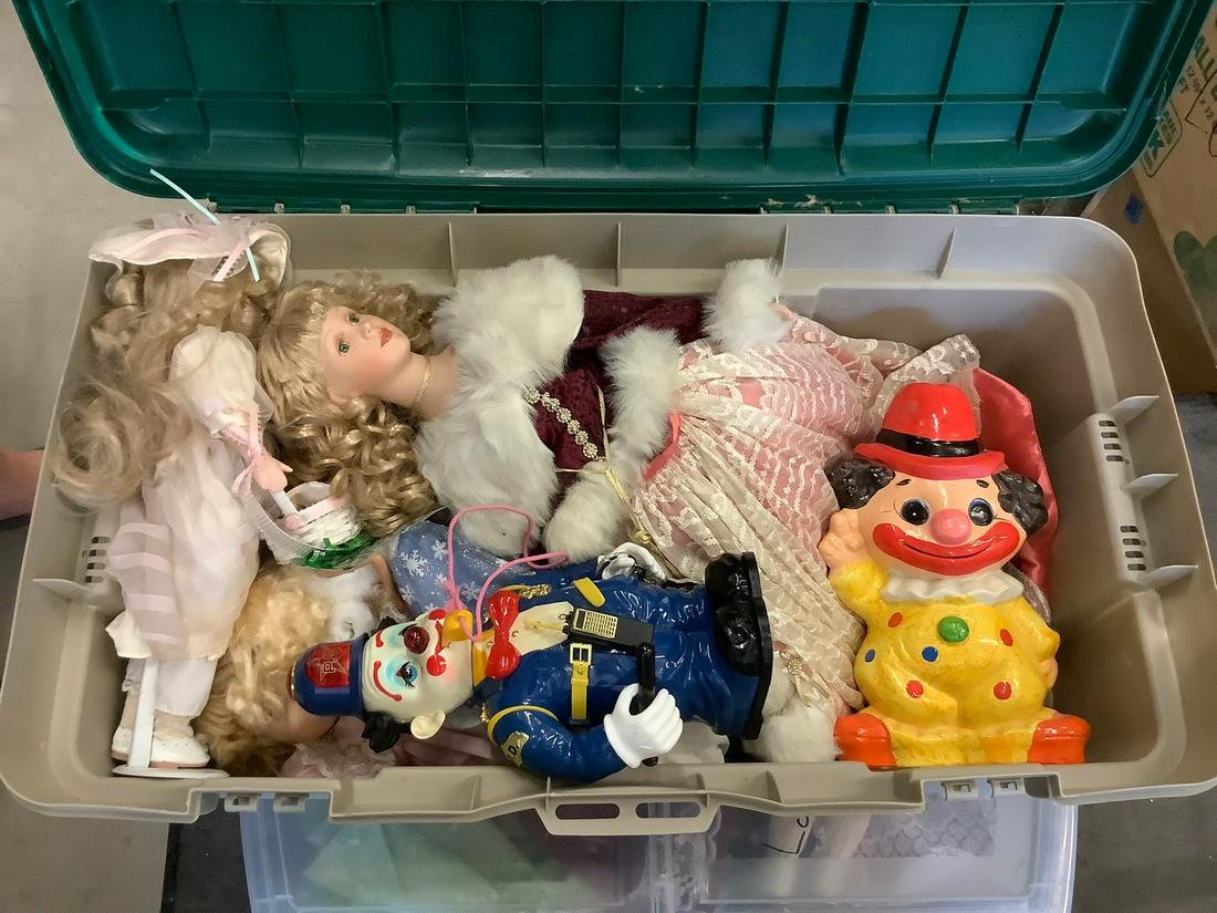 Large lot dolls and clown piggy bank: Large lot dolls and clown piggy bank
