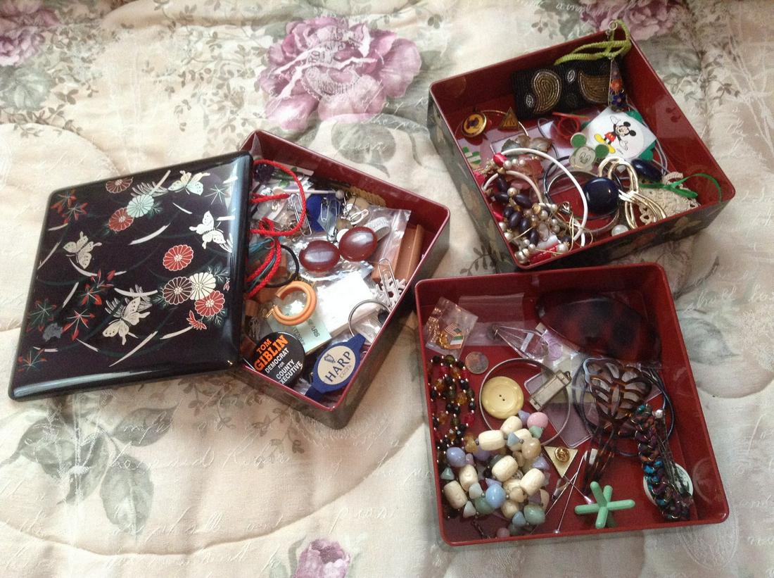 Laquered Butterfly Stacking Jewelry Box with costume: Laquered Butterfly Stacking Jewelry Box with costume jewelry, buttons and more