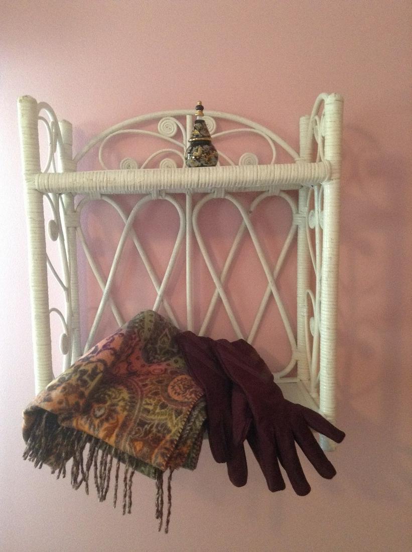 Wicker Wall Shelf and Contents 17"x15"x7": Wicker Wall Shelf and Contents 17"x15"x7"
