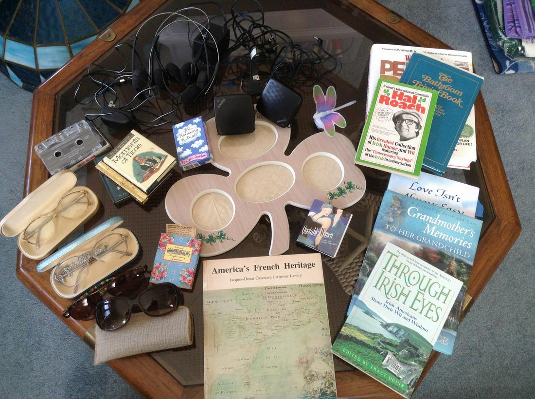 Contents of Table - Sony Speakers, Vintage Glasses and (1 of 1)