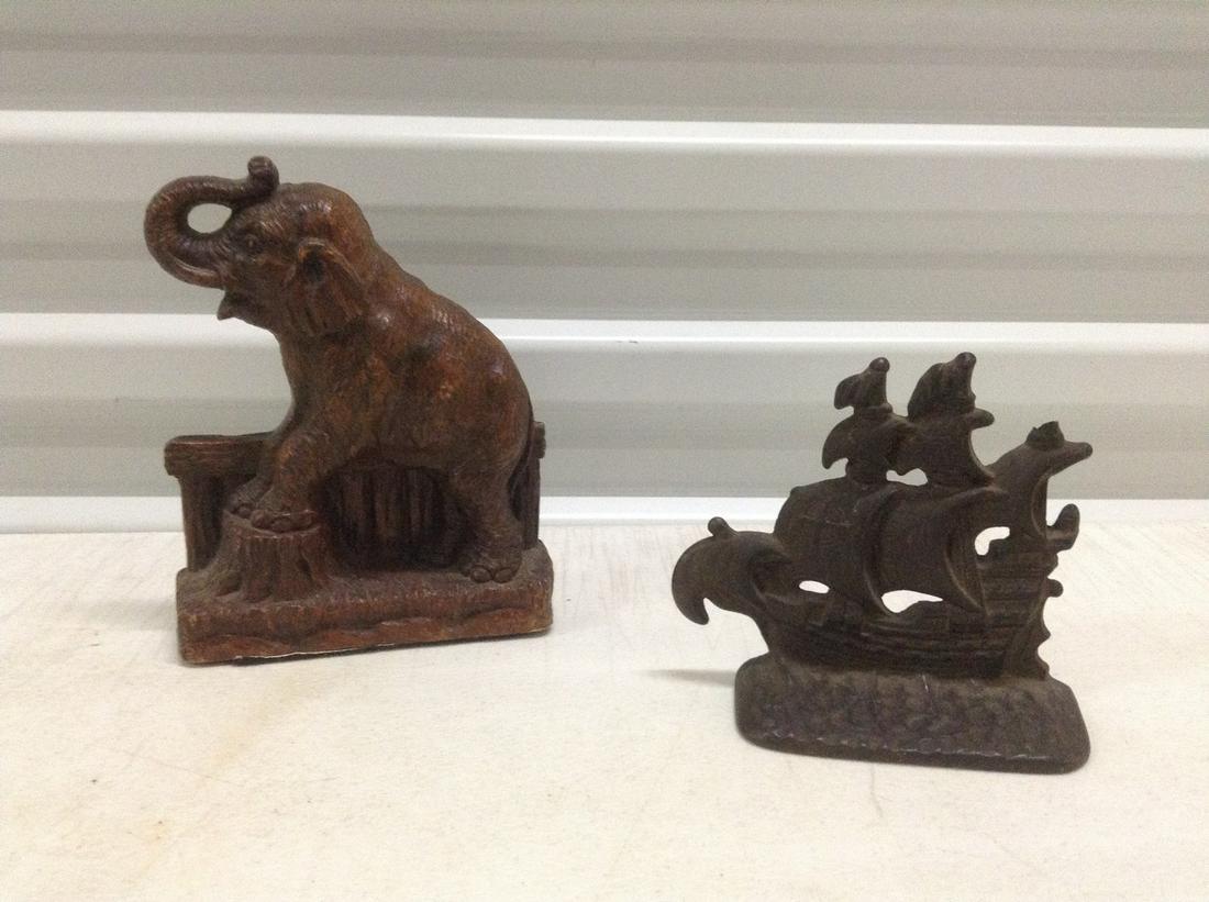 Antique Cast Iron Galleon Ship Book End and Elephant: Antique Cast Iron Galleon Ship Book End and Elephant bookend