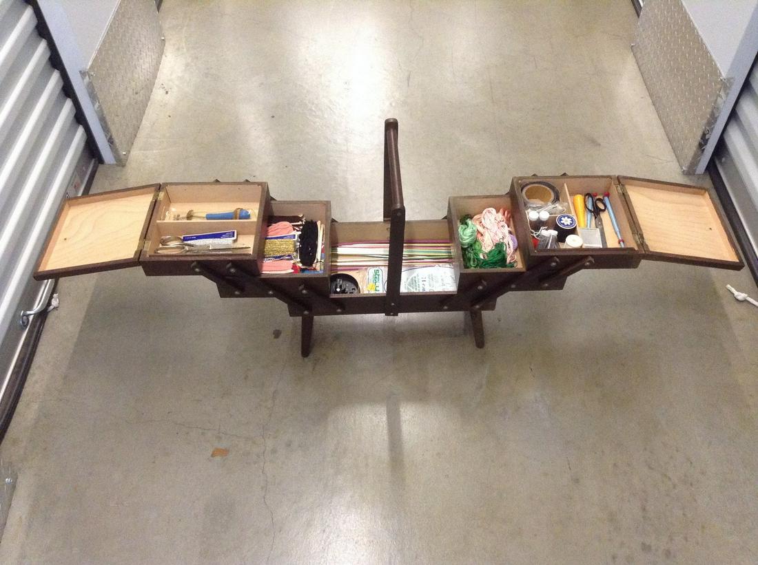 Vintage Tiered Wood Sewing Box with vintage sewing: Vintage Tiered Wood Sewing Box with vintage sewing items 18.5"16.5"x9.5" closed