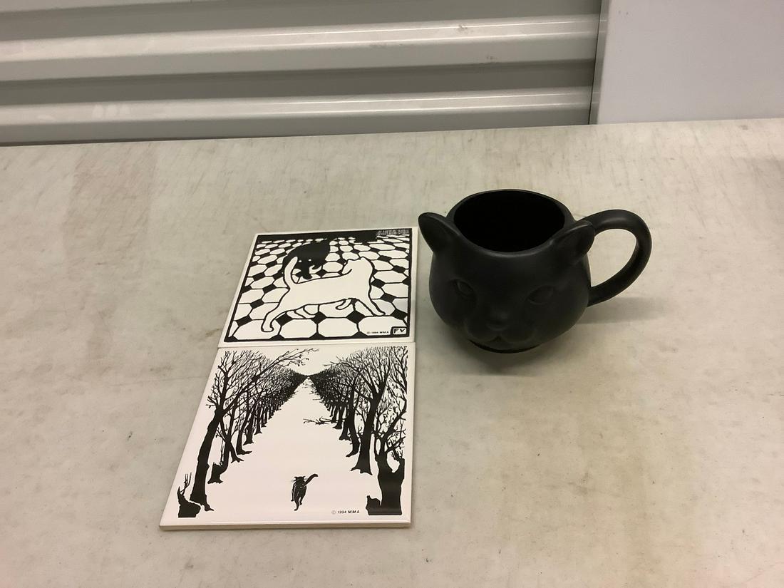 Large Black Cat Mug, Two Cat Trivets: Large Black Cat Mug, Two Cat Trivets