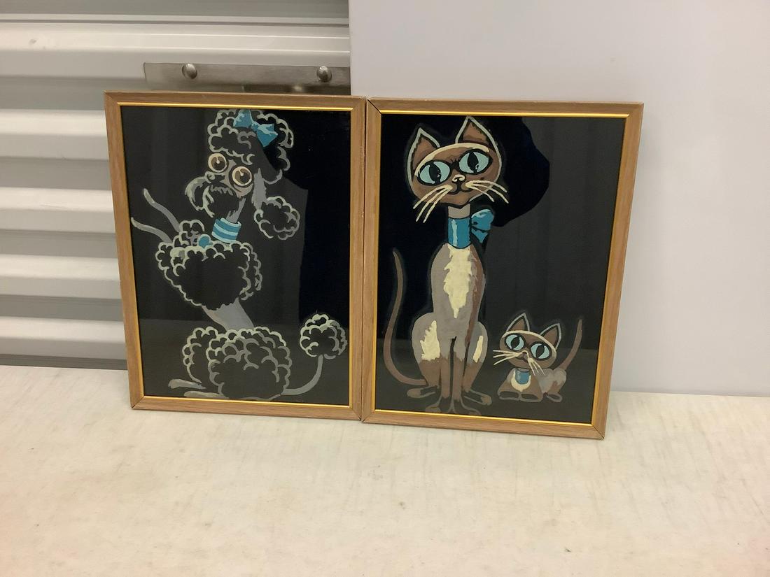 Pair Mid-Century Hand Painted Cat/Dog Artwork (1 of 1)