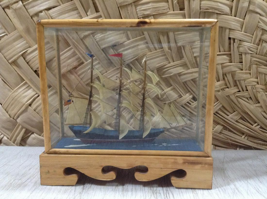 Vintage Ship Model in Glass & Wood Case 6.5"x6"x2" (1 of 1)