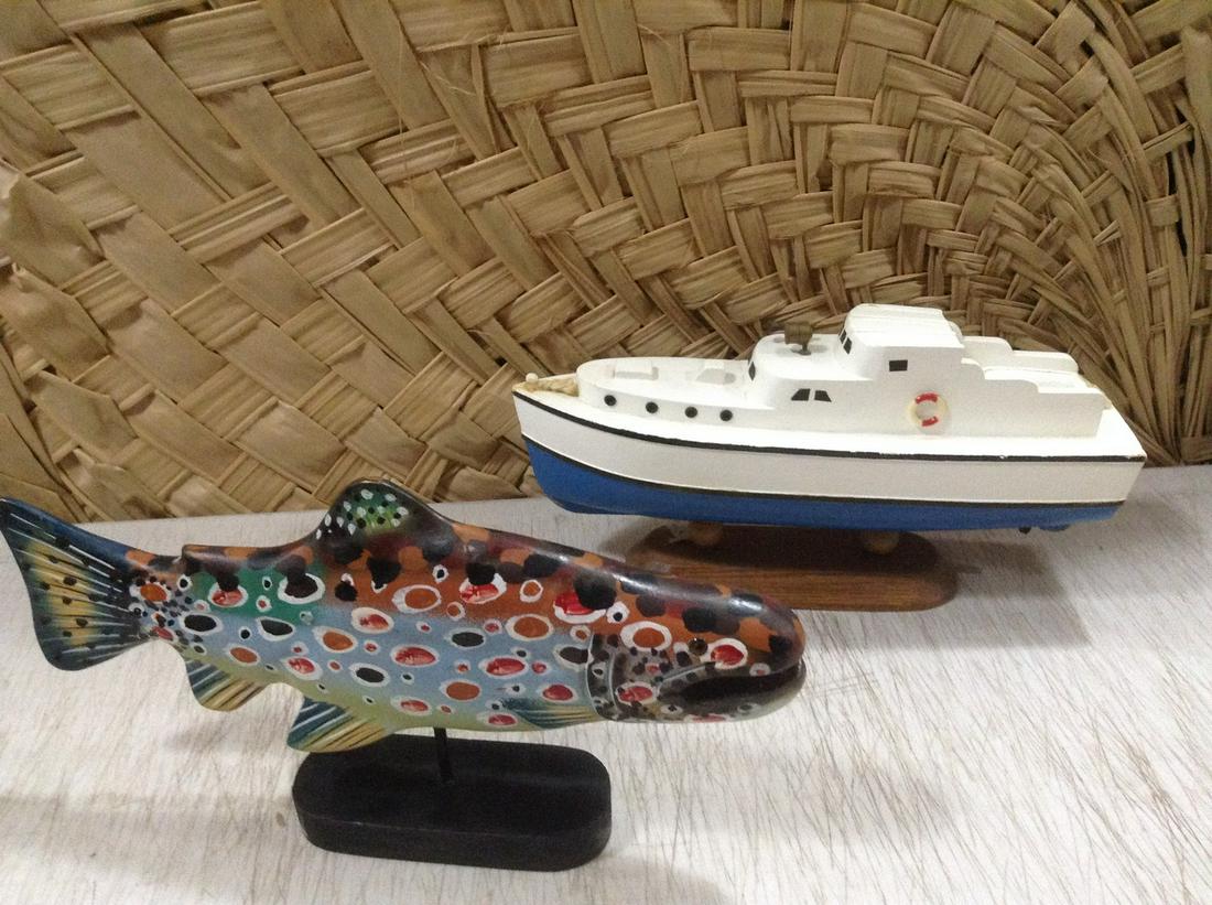 Wooden Ship and Fish both 12" long: Wooden Ship and Fish both 12" long