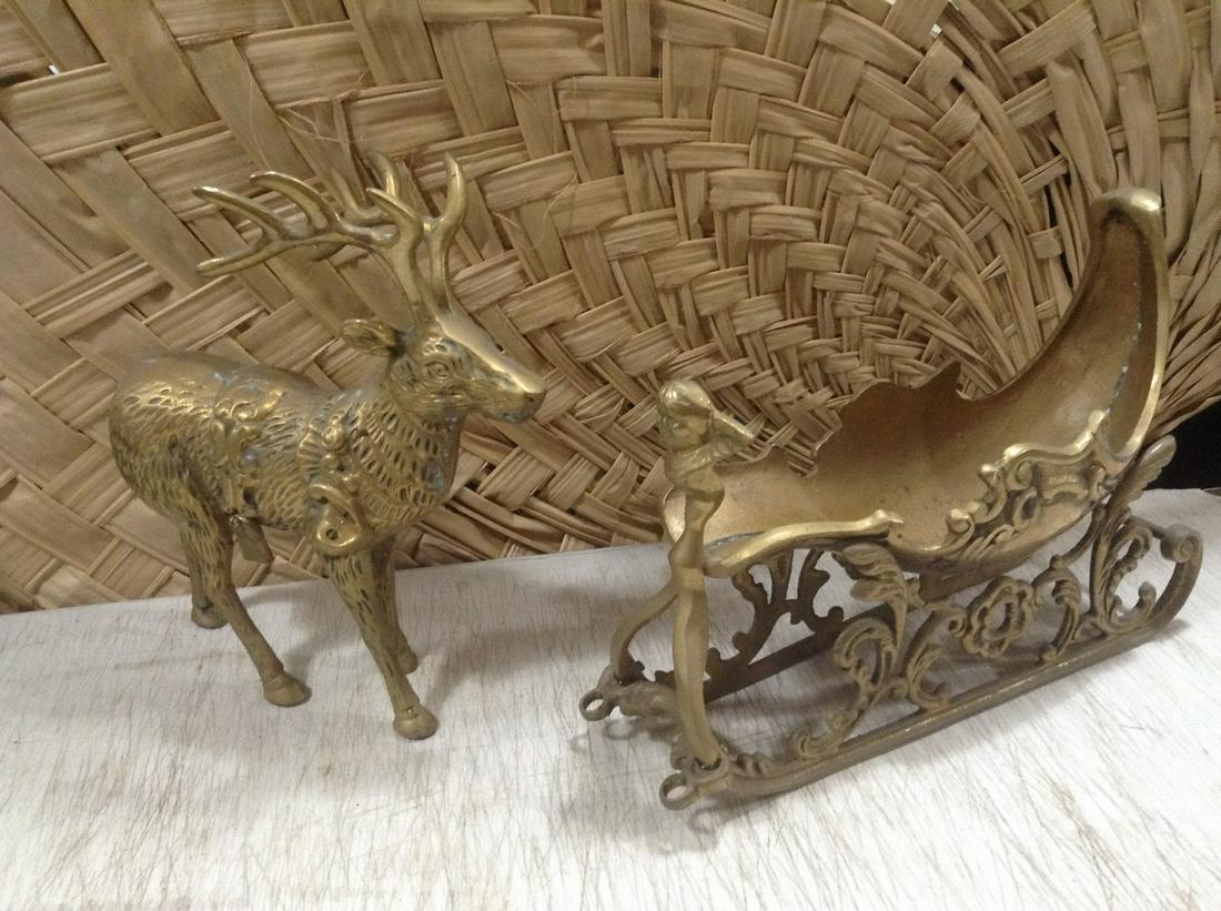 Heavy Solid Brass Cherub Head Sleigh 12" with Reindeer: Heavy Solid Brass Cherub Head Sleigh 12" with Reindeer 10" tall