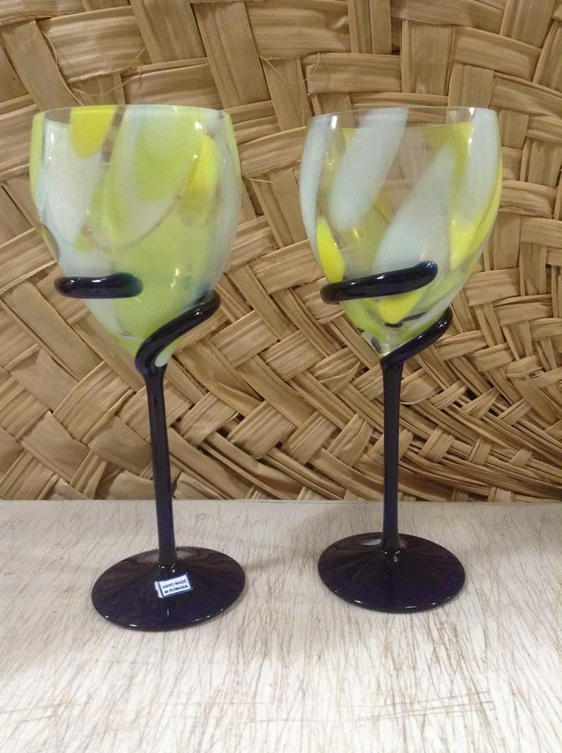 Pair of Hand Made in Romania Art Glass Goblets 9": Pair of Hand Made in Romania Art Glass Goblets 9"