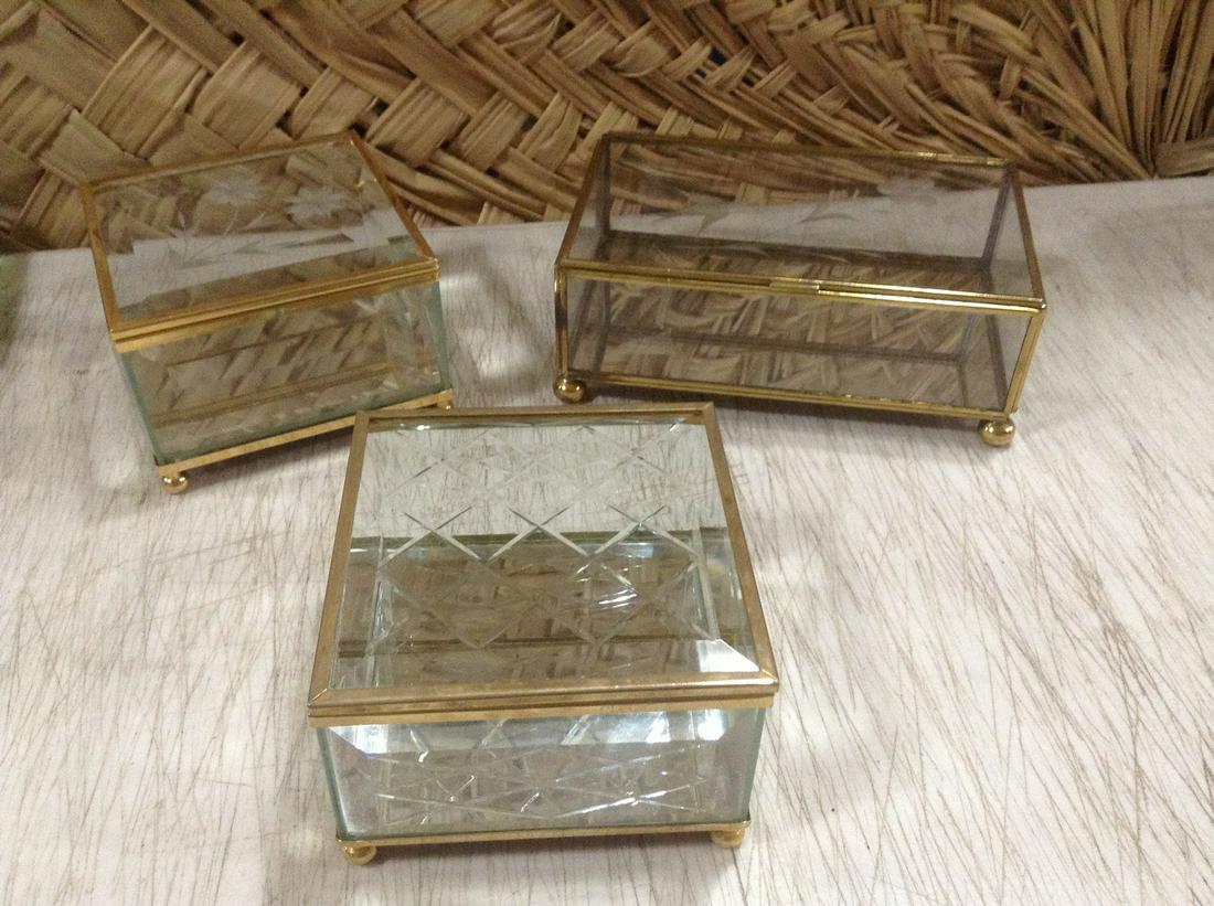 Three Vintage etched Glass and metal Jewelry boxes (1 of 1)