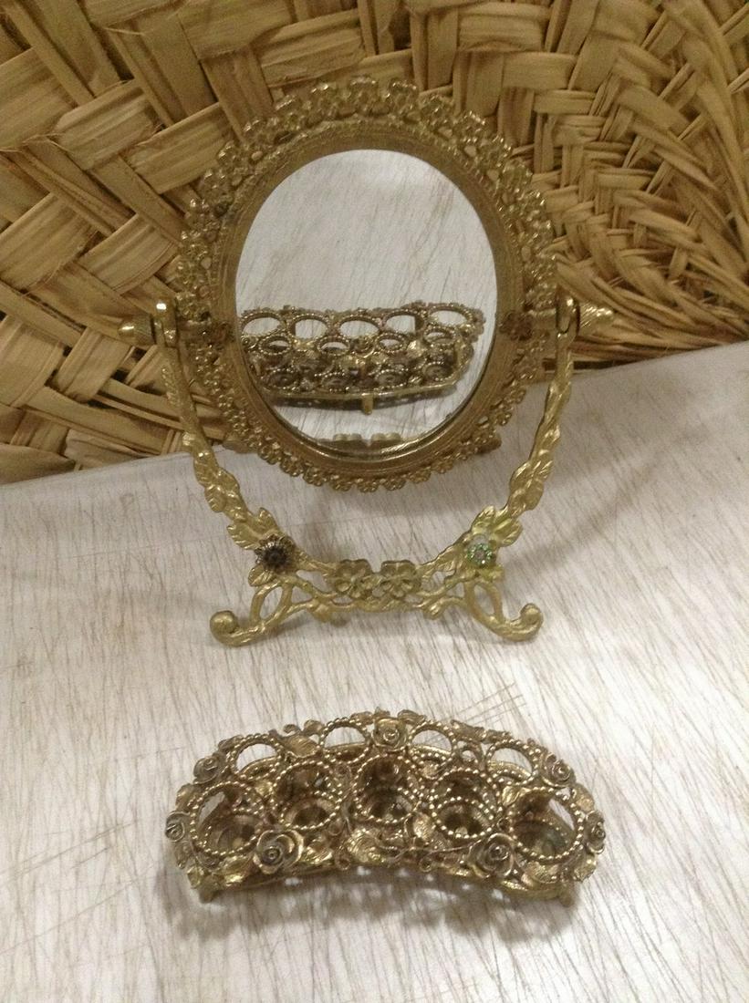 Vintage metal dresser Mirror 9" and perfume holder: Vintage metal dresser Mirror 9" and perfume holder