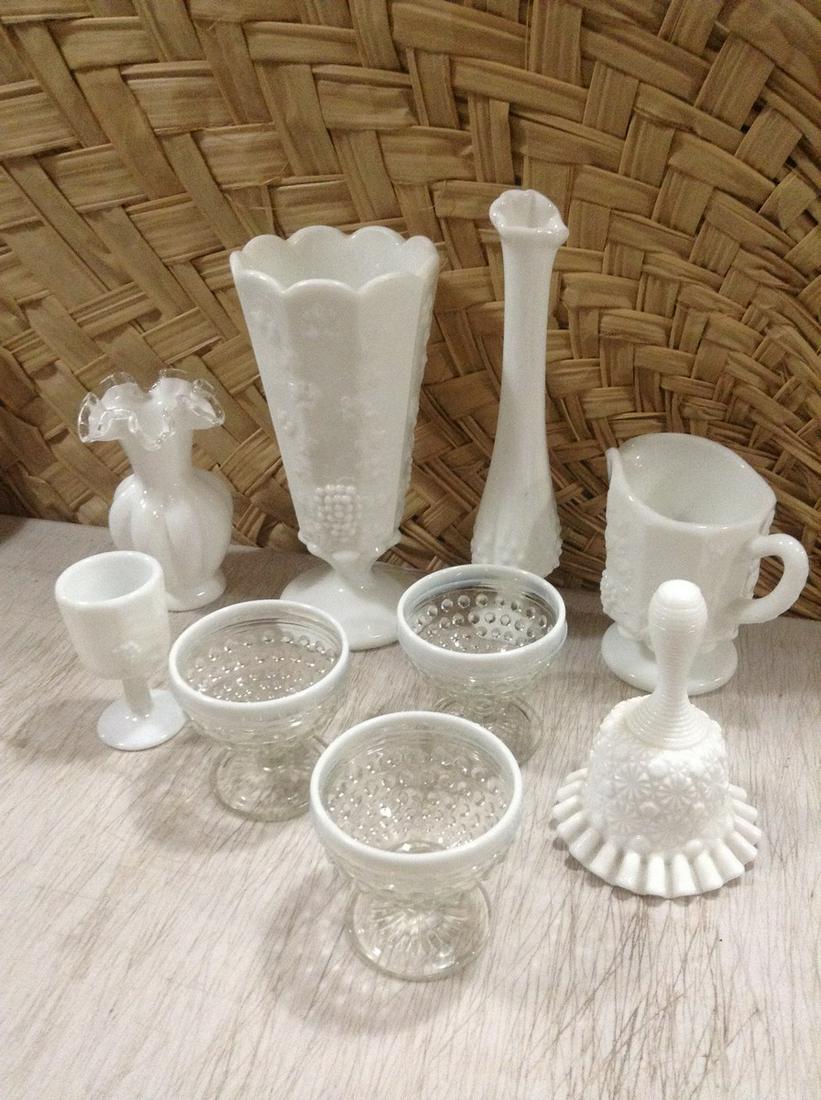 Moonstone Dessert Cups and large lot of Milkglass: Moonstone Dessert Cups and large lot of Milkglass tallest 10.5"