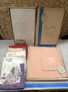 Vintage Marghab Linens & Imported Damask Set in: Vintage Marghab Linens & Imported Damask Set in original packaging and napkin sets