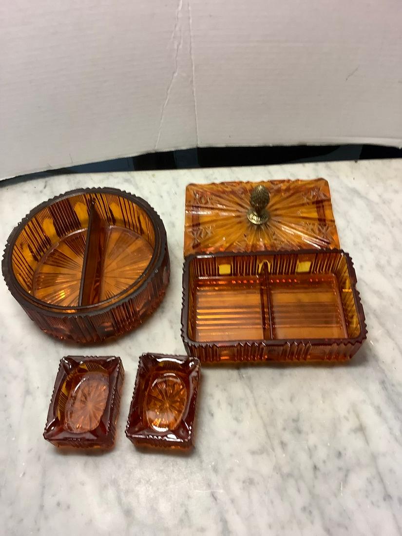 mid century modern amber glass cigarette container and: mid century modern amber glass cigarette container and ashtray 6 inch across