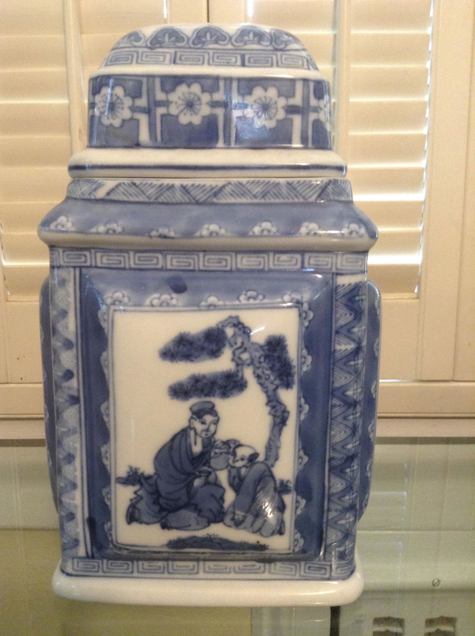 Stamped Asian Square Lidded Urn and Lidded Jar: Stamped Asian Square Lidded Urn and Lidded Jar