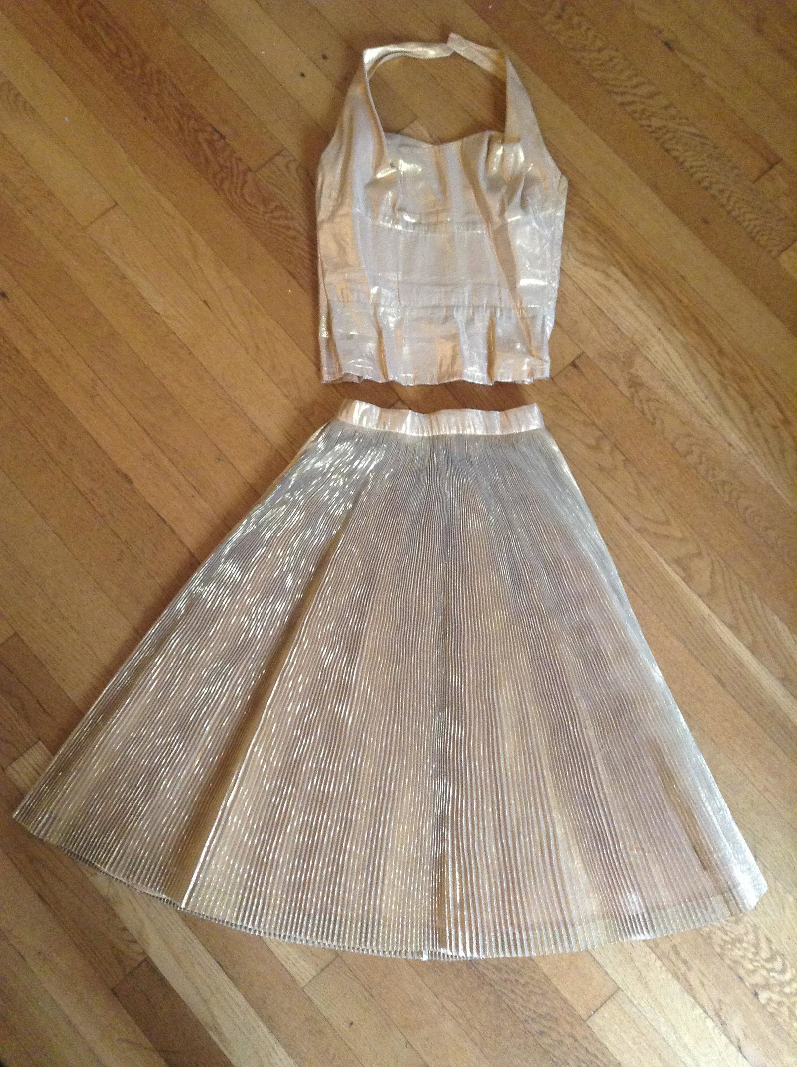 Vintage Anita Bari New York Two Piece Gold Halter and: Vintage Anita Bari New York Two Piece Gold Halter and Pleated Taffeta lined skirt no size