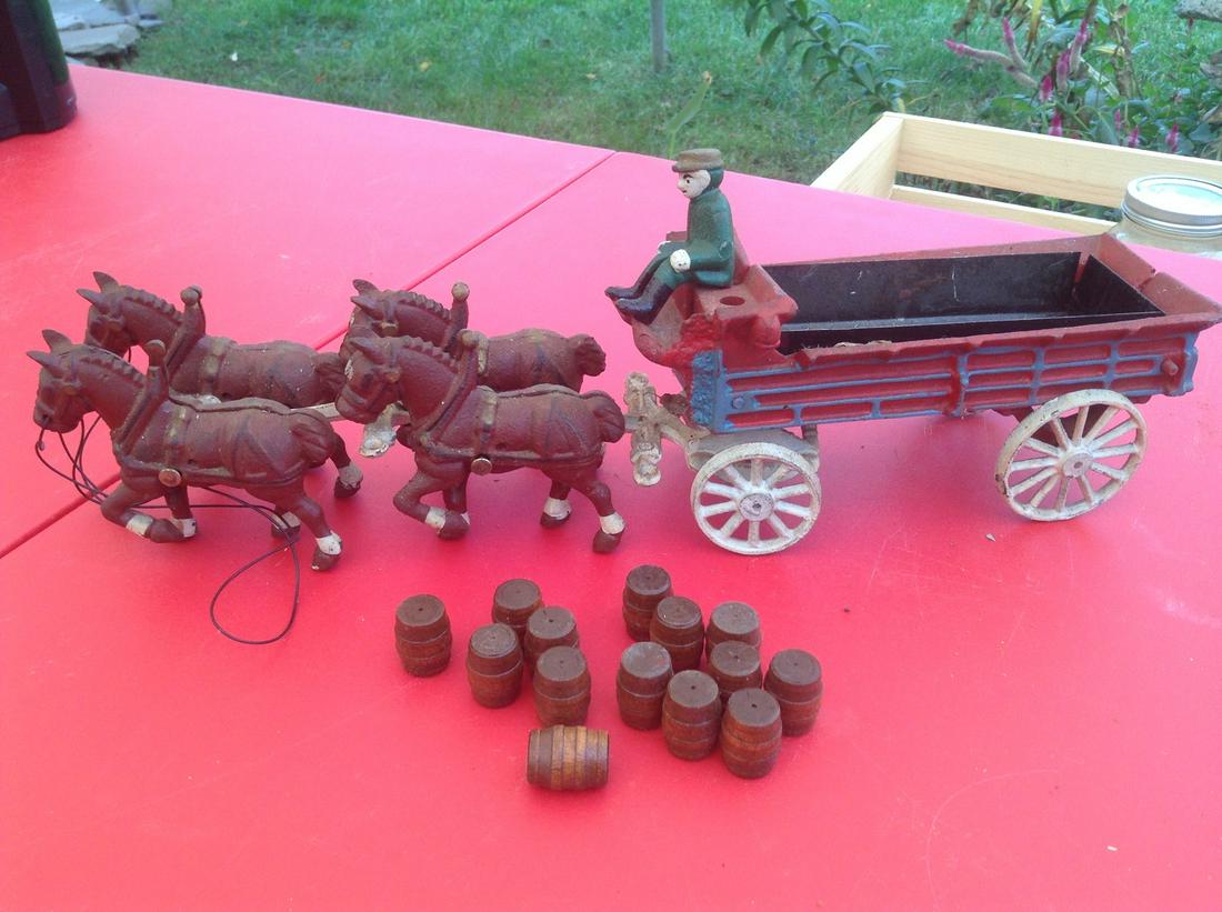 Antique Cast Iron Budweiser Clydesdales and Wagon with (1 of 1)
