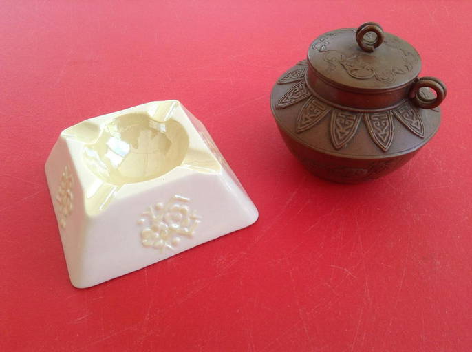 Belleek ashtray and Stamped metal urn Nov 02, 2021 Emanon Auctions and Estate Sales in NJ