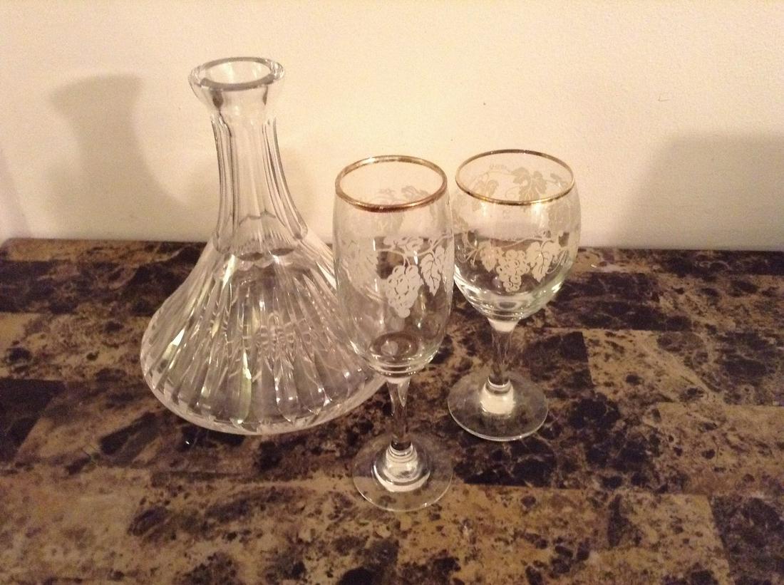 Glass Decanter and Two Etched Glasses (1 of 1)