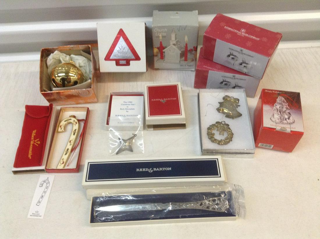 Box full of silverplate and goldplate ornaments and: Box full of silverplate and goldplate ornaments and letter opener
