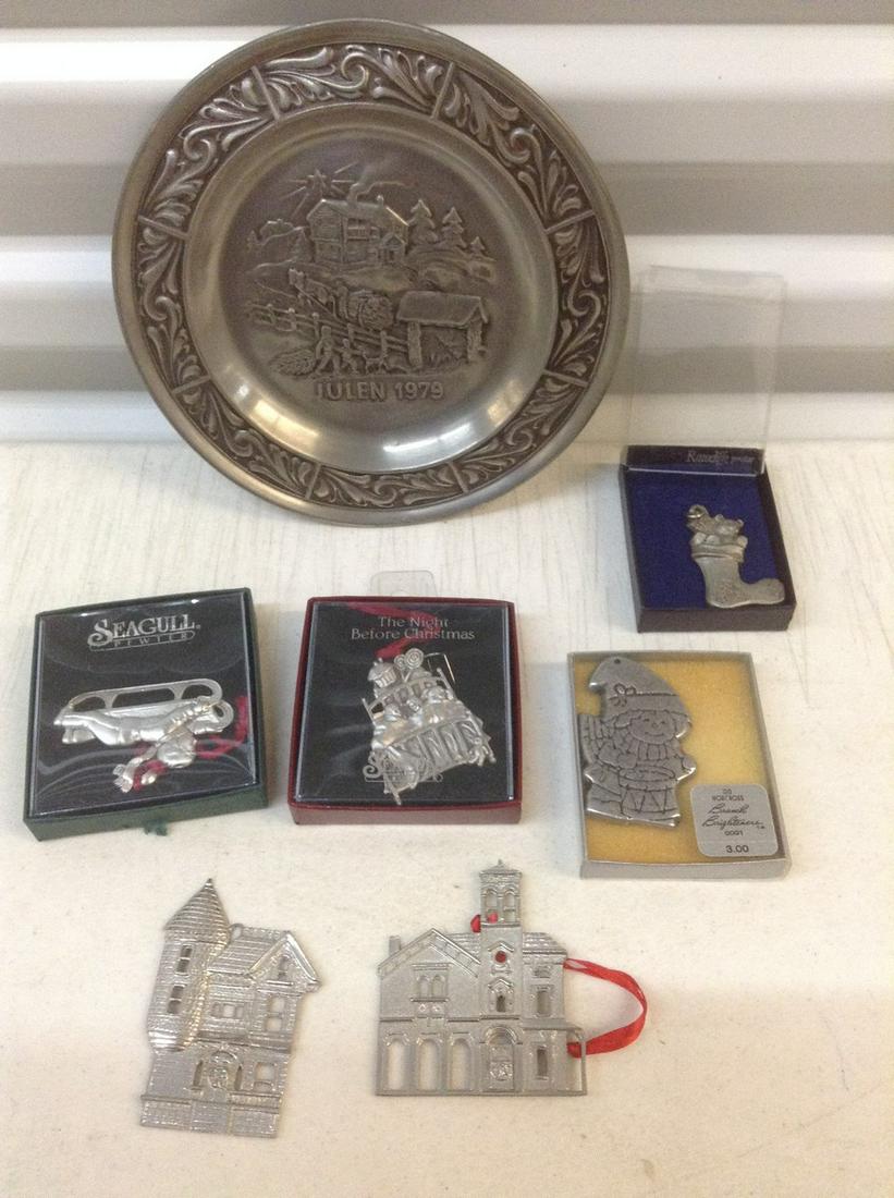 Steiff and other Pewter ornaments and plate: Steiff and other Pewter ornaments and plate