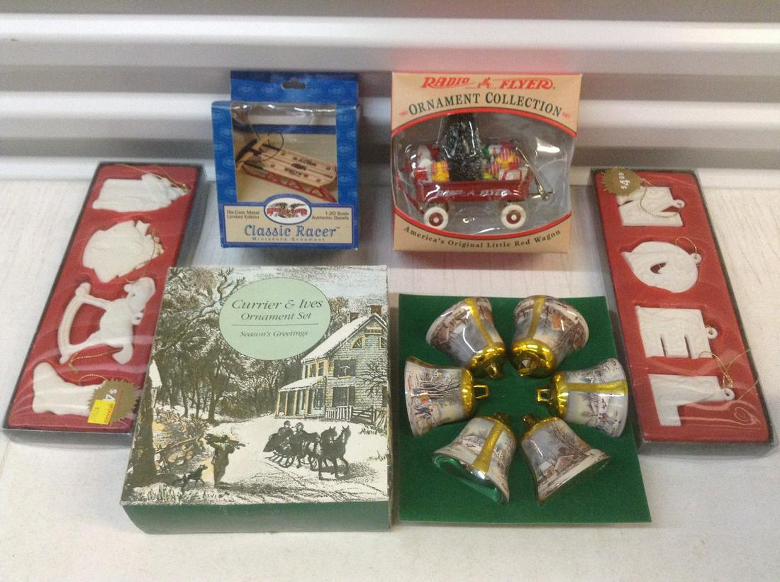 Radio Flyer, woolworth & Currier & Ives ornaments in: Radio Flyer, woolworth & Currier & Ives ornaments in the boxes