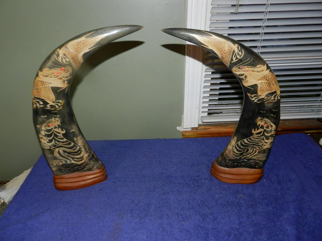 Pair of Carved Water Buffalo Horns Dragons Tigers 15"H (1 of 1)