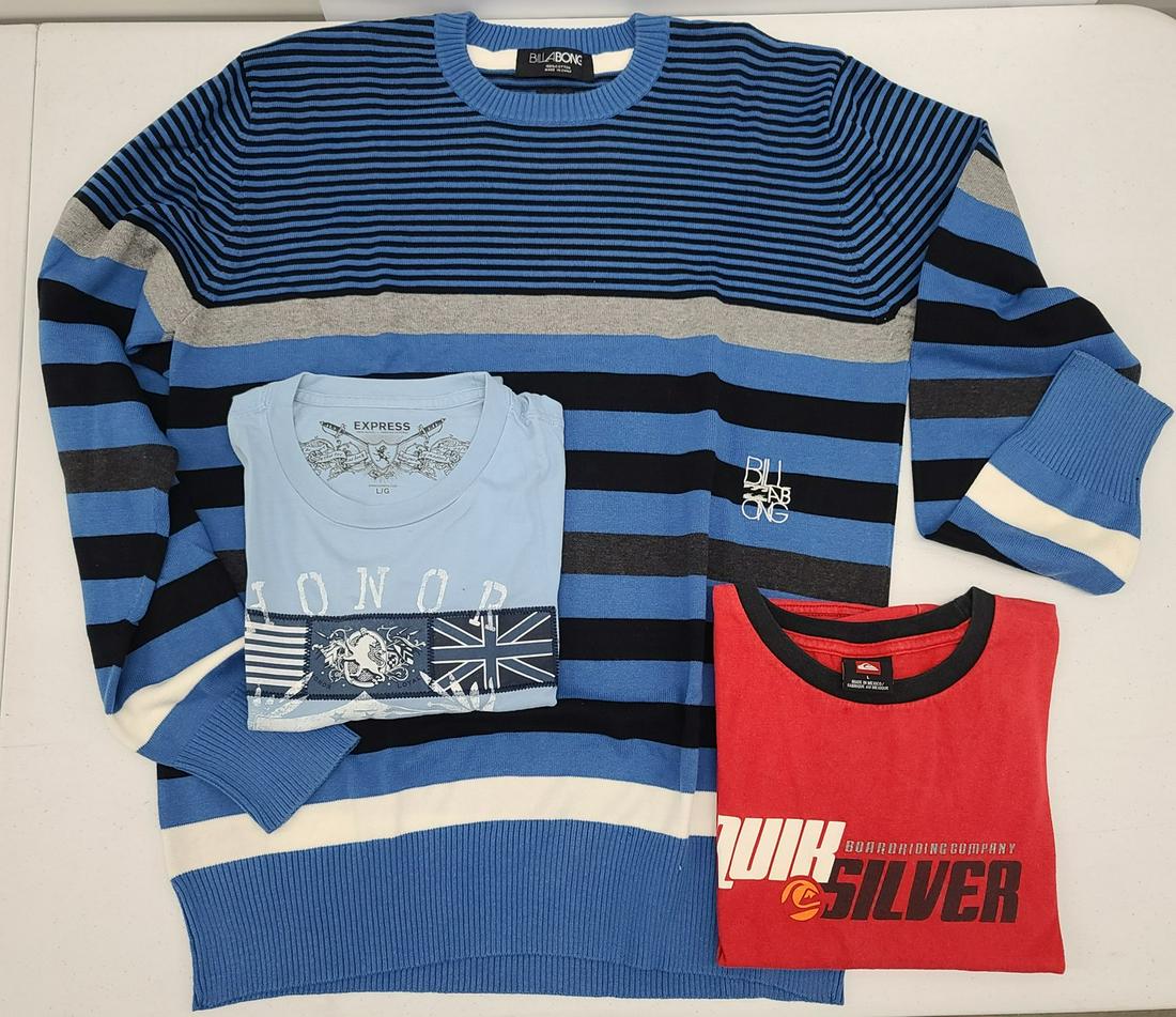 Men's L Billabong Sweater Express & QuikSilver tees: Men's L Billabong Sweater Express & QuikSilver tees