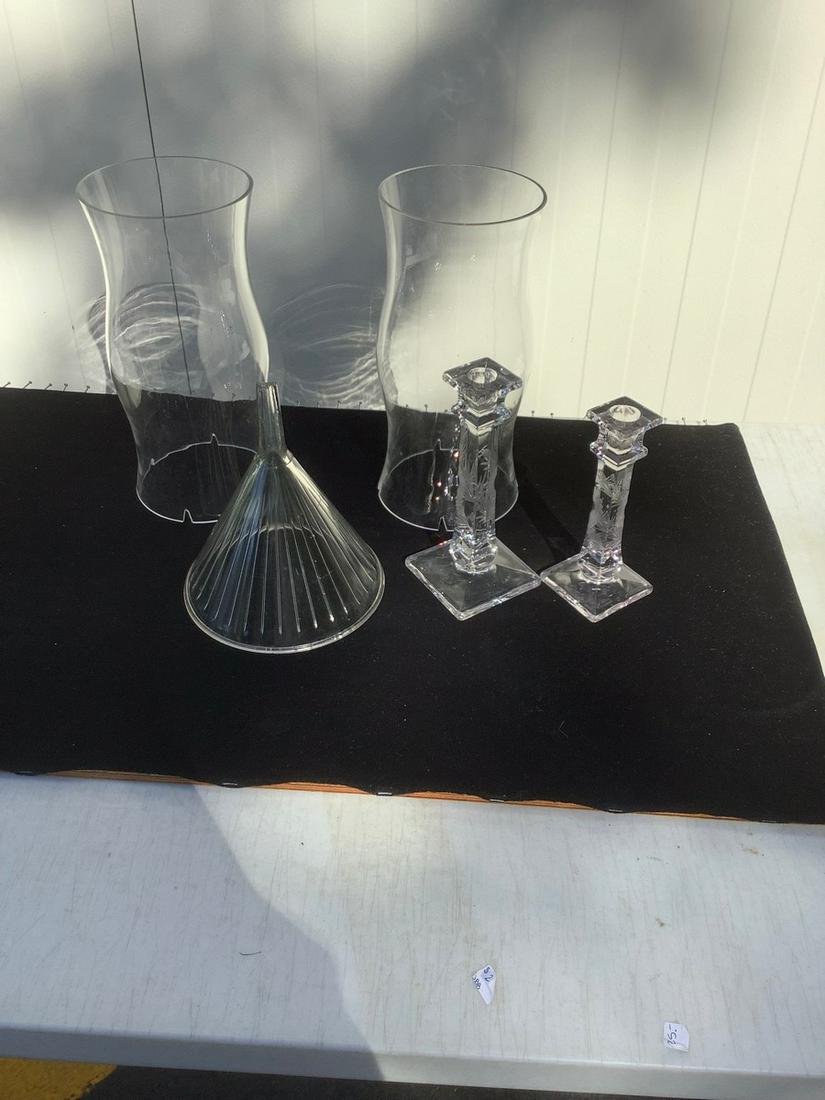 Hurricanee lamps, glass funnel and candlesticks: Hurricanee lamps, glass funnel and candlesticks