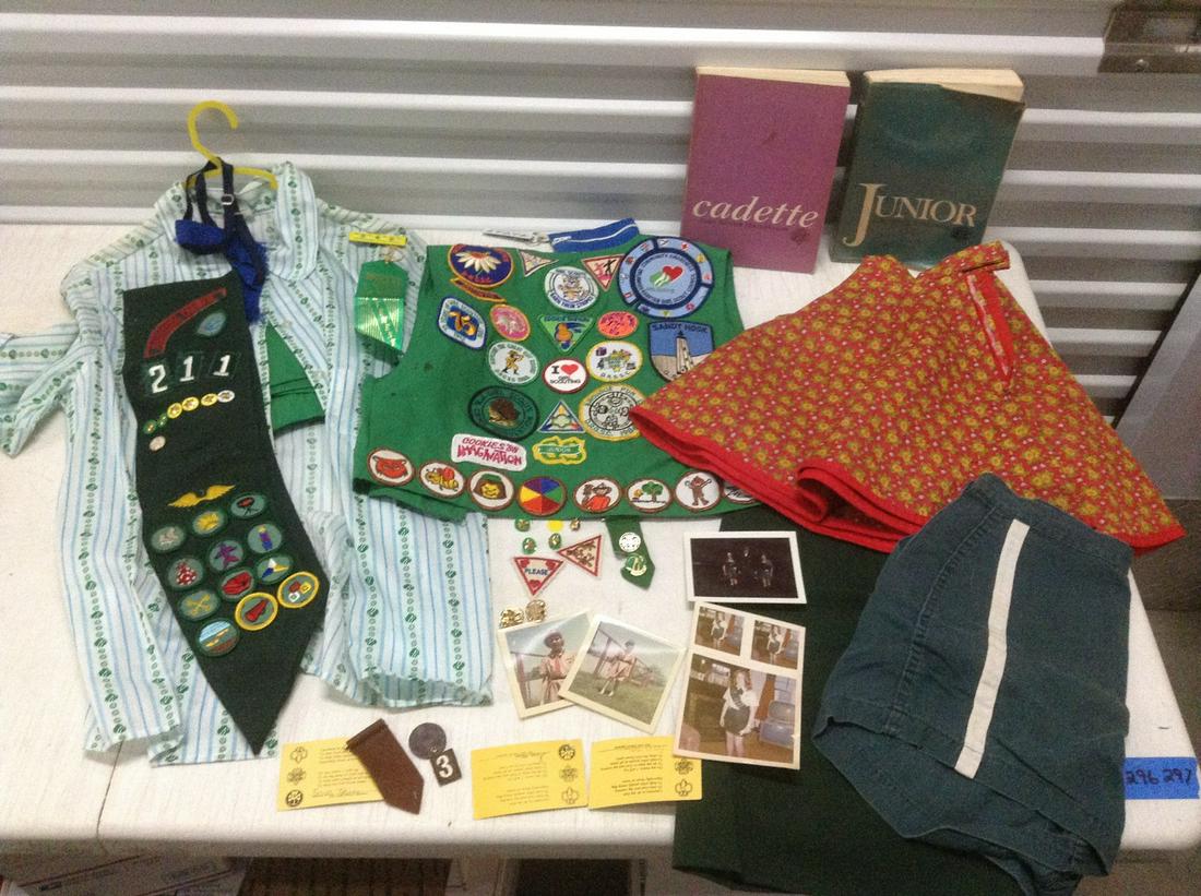 Large lot of Vintage Girl Scout Patches, pins, outfits, (1 of 1)