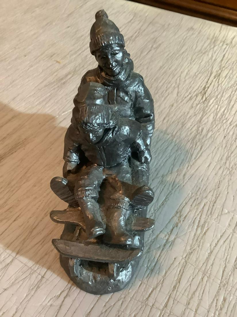 M.A. Ricker Signed and Numbered Children Sledding: M.A. Ricker Signed and Numbered Children Sledding Pewter Figurine 3.5x3.5 in.