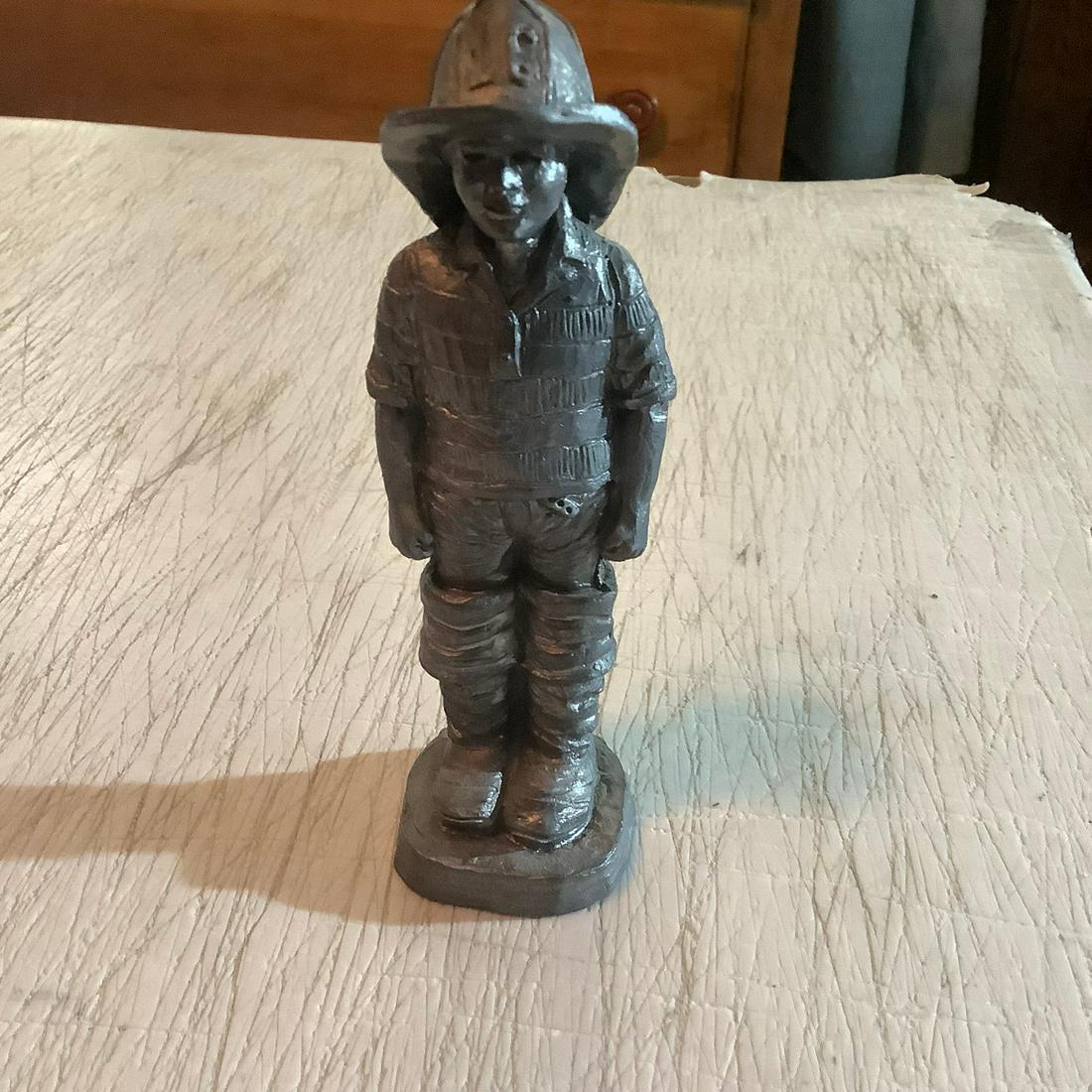 M.A. Ricker Signed 1990 Fireman Pewter Figurine 6x2 in.: M.A. Ricker Signed 1990 Fireman Pewter Figurine 6x2 in.