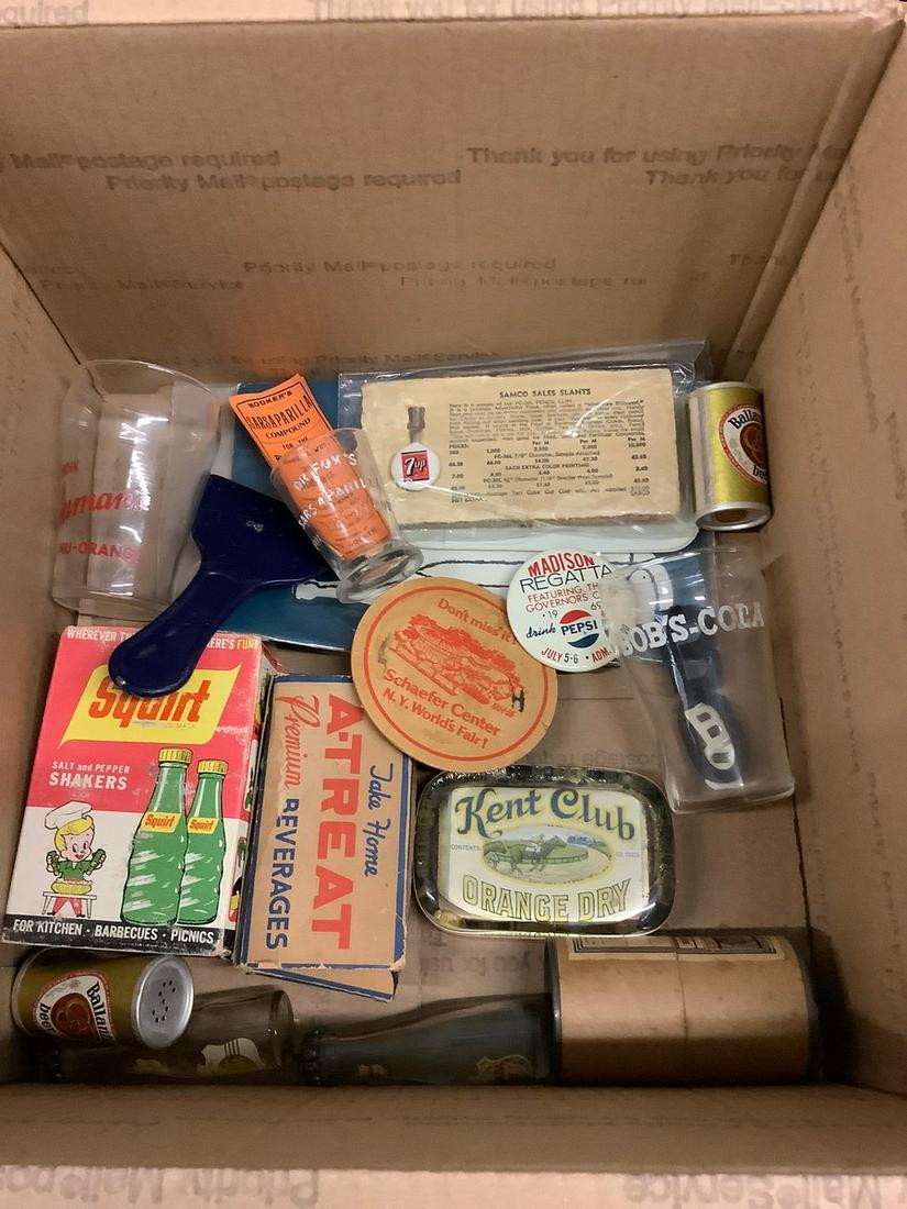 Lot of various vintage soda advertising, glasses and: Lot of various vintage soda advertising, glasses and more