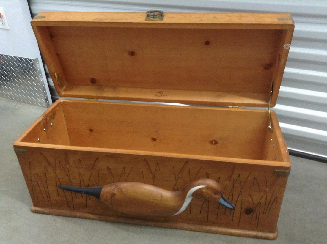 Signed Carved Duck Wood Chest 35"X15"X14": Signed Carved Duck Wood Chest 35"X15"X14"