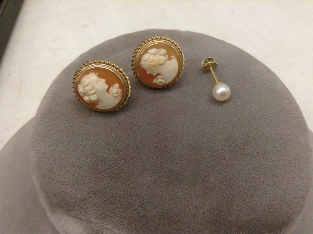 Marked 14K Cameo Earrings & Single Pearl earrings all (1 of 1)