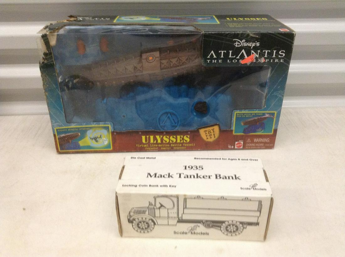 Disney Atlantis Ulysses Battle Vessel and die cast Mack: Disney Atlantis Ulysses Battle Vessel and die cast Mack Tanker Bank (Ulysses box is damaged)