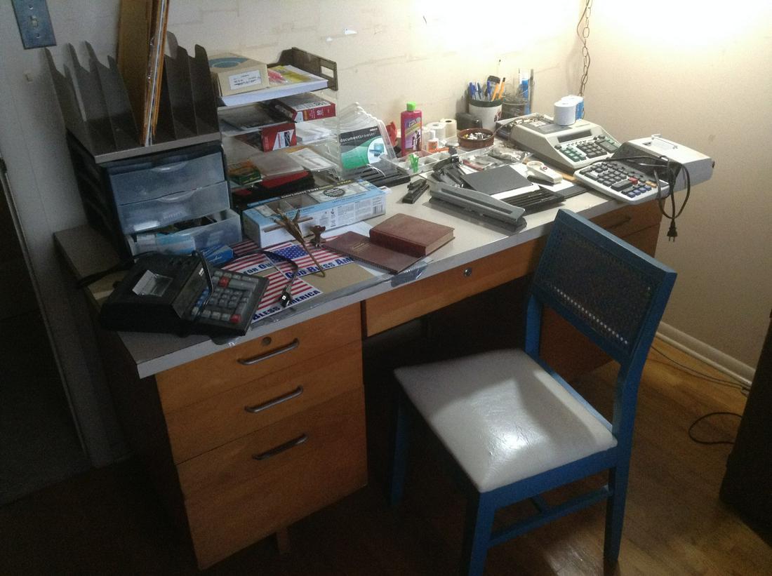 Desk and Contents with vintage wooden chair- Vintage: Desk and Contents with vintage wooden chair- Vintage office supplies, electric calculators and more