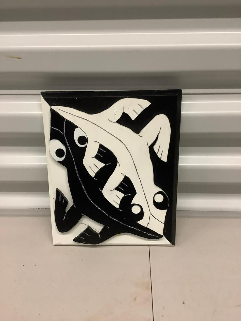 In the style of MC Escher wood panel carving: In the style of MC Escher wood panel carving
