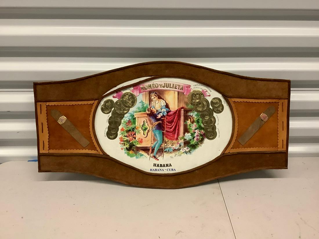Cuban Cigar band wall hanging leather advertising 24x13 (1 of 1)
