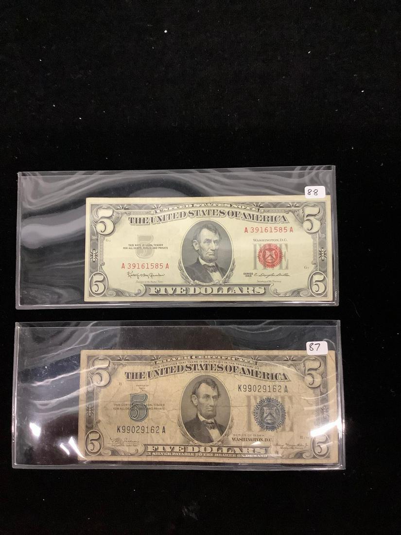 2 5 dollar bills silver certificate and red seal (1 of 1)