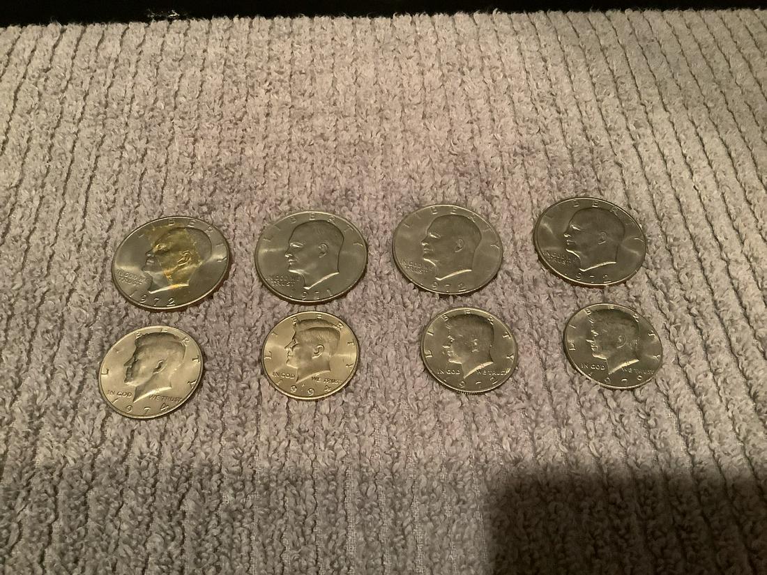 Eisenhower Silver Dollars and Kenedy 1/2 dollar: Eisenhower 1971, 1972 Kenedy 1974, 1994, 1972, 1979