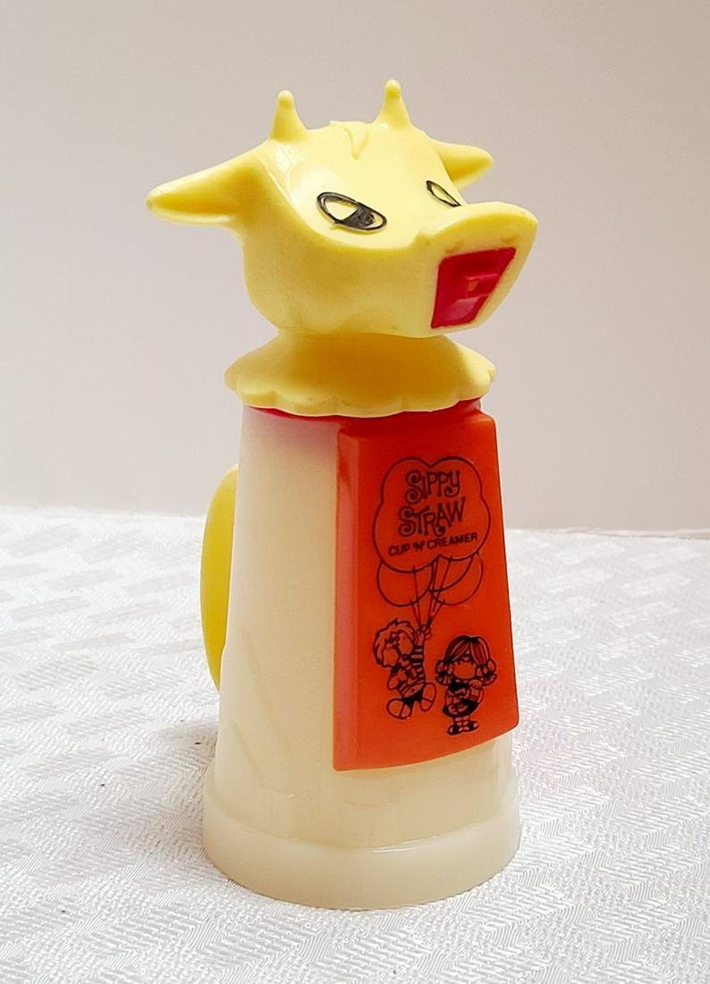 Vintage Cow Sippy Straw Cup N Creamer 7x4": Vintage Cow Sippy Straw Cup N Creamer 7x4"